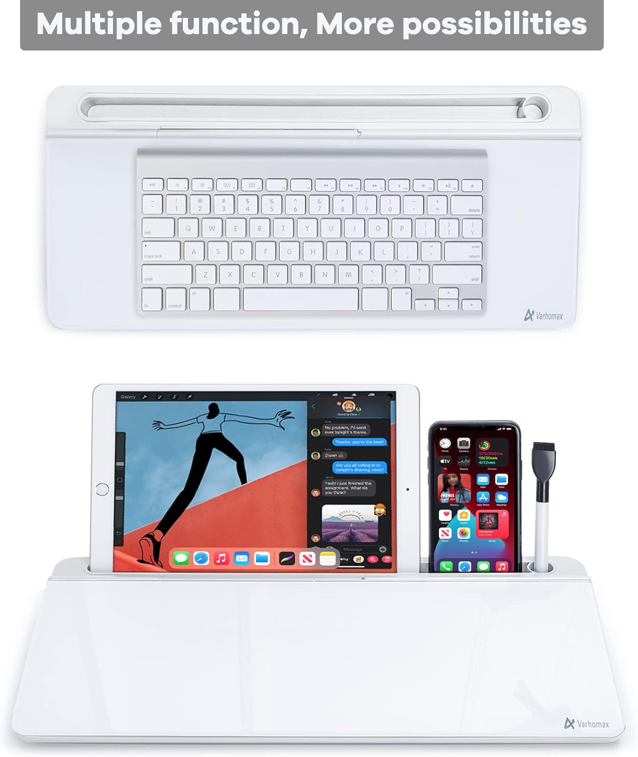 Desk Whiteboard Dry Erase Glass Whiteboard, Desktop White Board with Storage To-Do List Memo Notepad Desktop Buddy Keyboard Stand for Home Office and School Accessories Supplies (White)