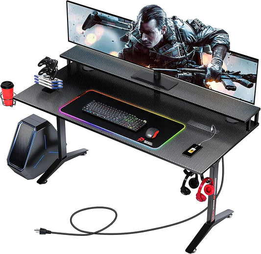 Ergonomic Gaming Table with Monitor Stand, Cup Holder, Headphone Hook, Outlet Organizer
