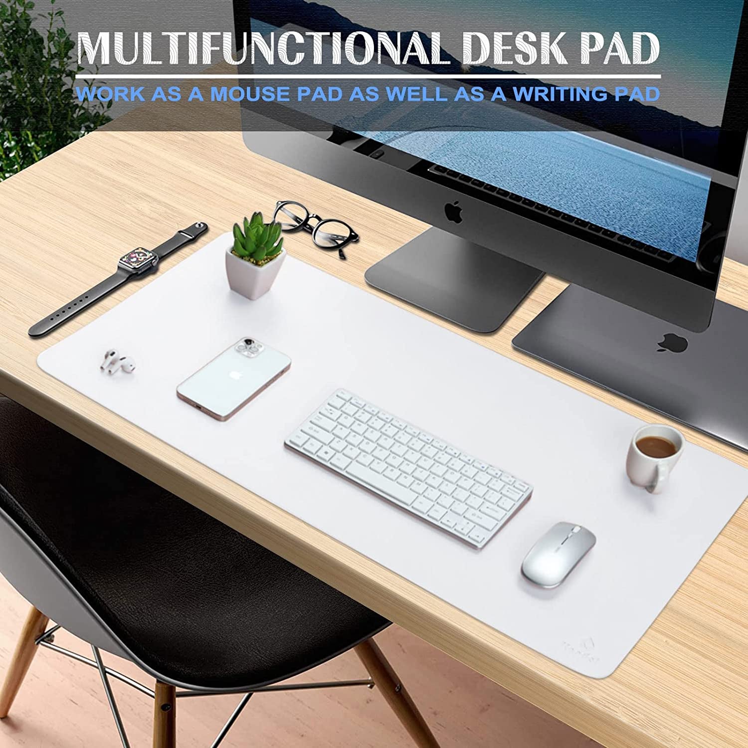 Desk Pad , Waterproof Leather Mouse Mat Forkeyboard and Mouse, Desktop Protector for Office and Home (White, 31.5" X 15.7")