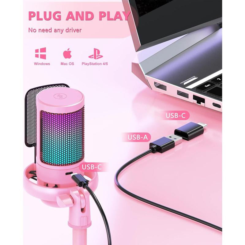 Gaming Microphone, RGB Condenser Mic with Touch Mute & Gain Knob