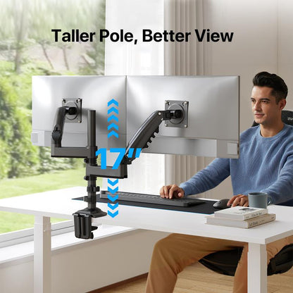 HUANUO Stackable Dual Monitor Arm - Adjustable Gas Spring Monitor Mount for Gaming and Home Office Setups, Monitor Stand Hold up to 32" with 19.8 Lbs Max Weight and C-Clamp or Grommet Hole Mounting Vesa Bracket Base S Length Hydrolic Moniter Desk Support
